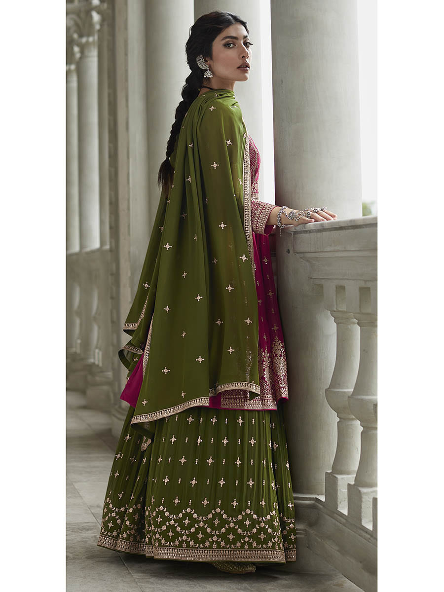 Myra Mehendi and Rani Georgette Skirt Style Embroidered Suit