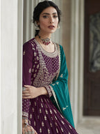 Myra Violet and Firozi Georgette Skirt Style Embroidered Suit