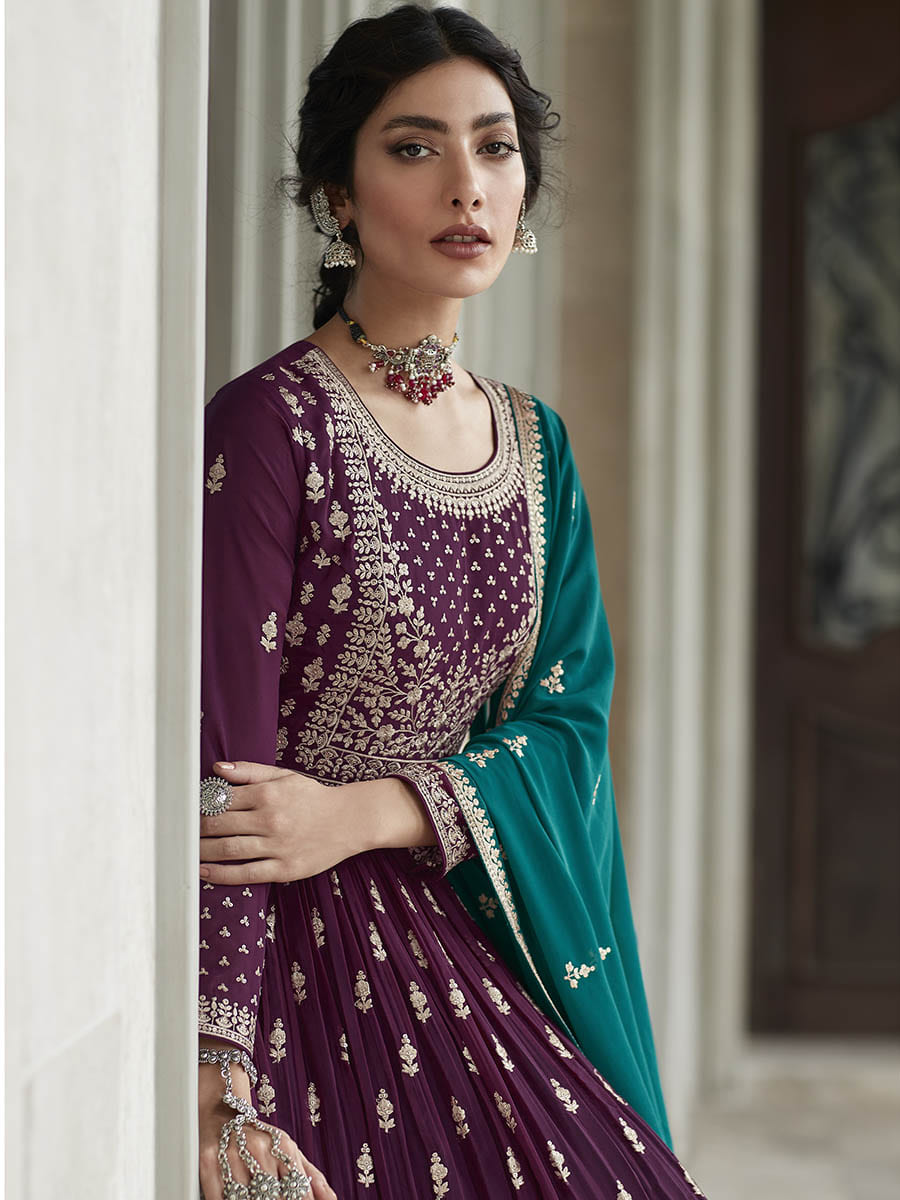 Myra Violet and Firozi Georgette Skirt Style Embroidered Suit