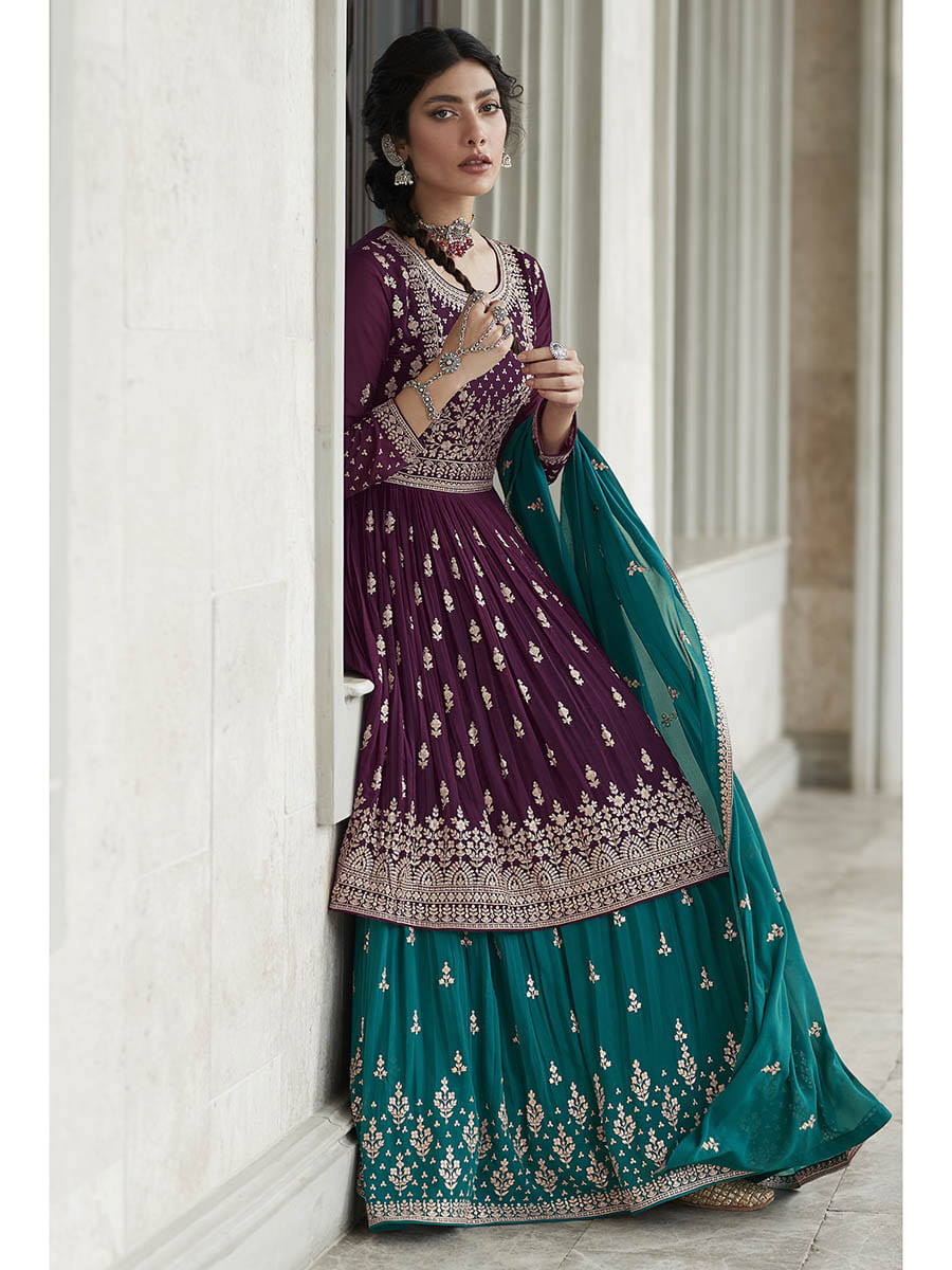 Myra Violet and Firozi Georgette Skirt Style Embroidered Suit