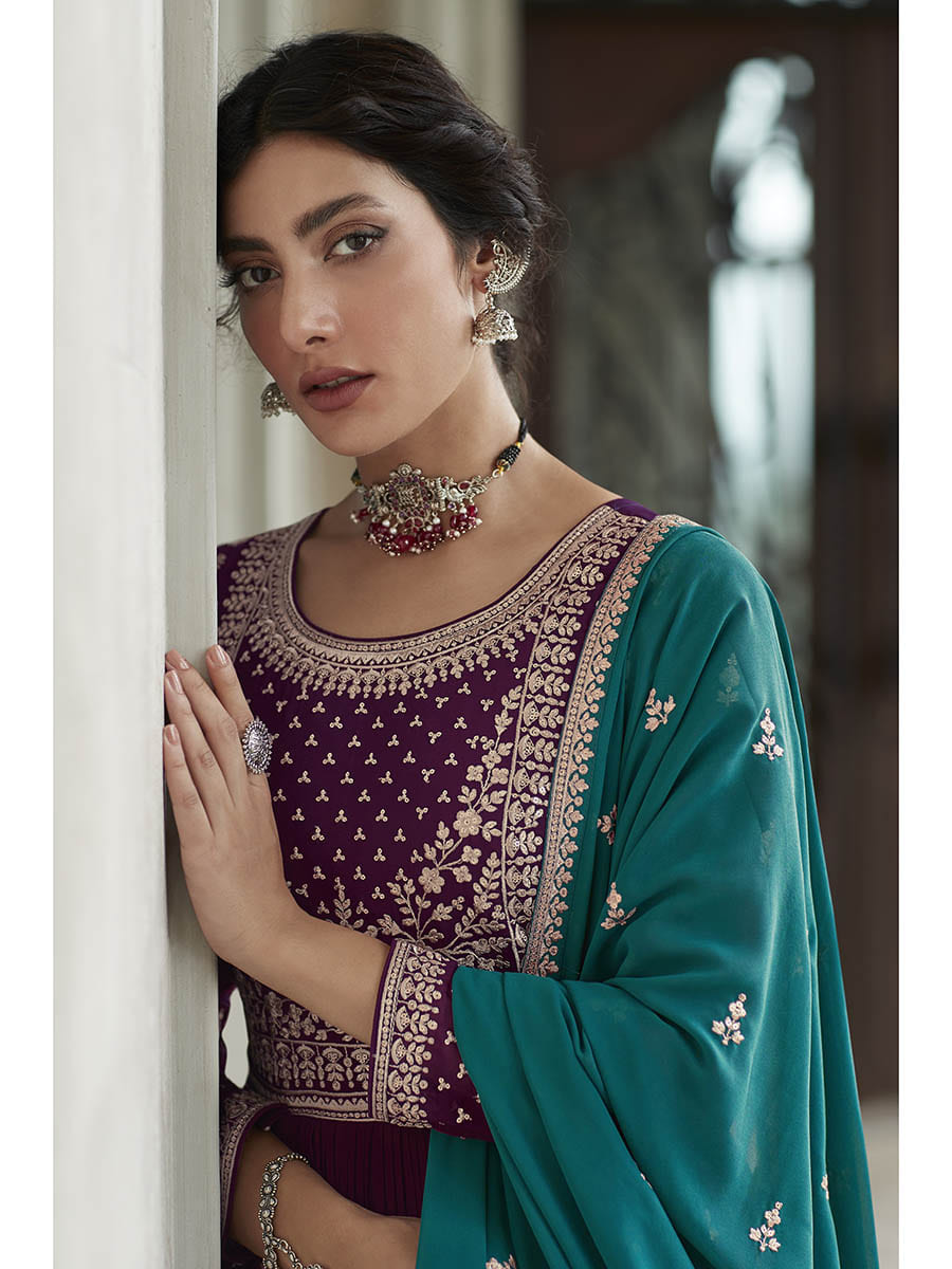 Myra Violet and Firozi Georgette Skirt Style Embroidered Suit