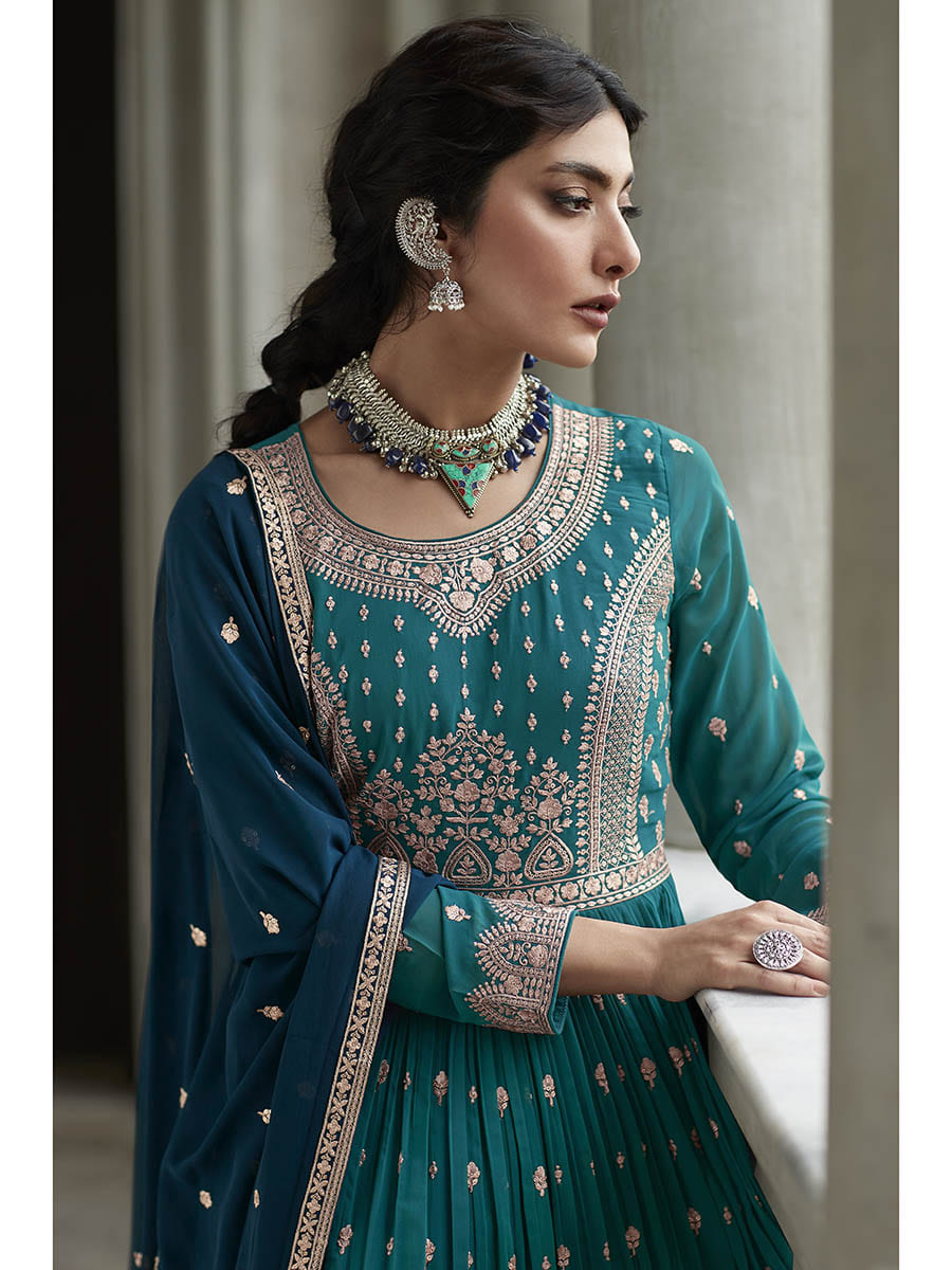 Myra Navy and Firozi Georgette Skirt Style Embroidered Suit