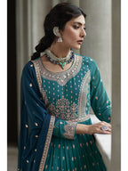 Myra Navy and Firozi Georgette Skirt Style Embroidered Suit