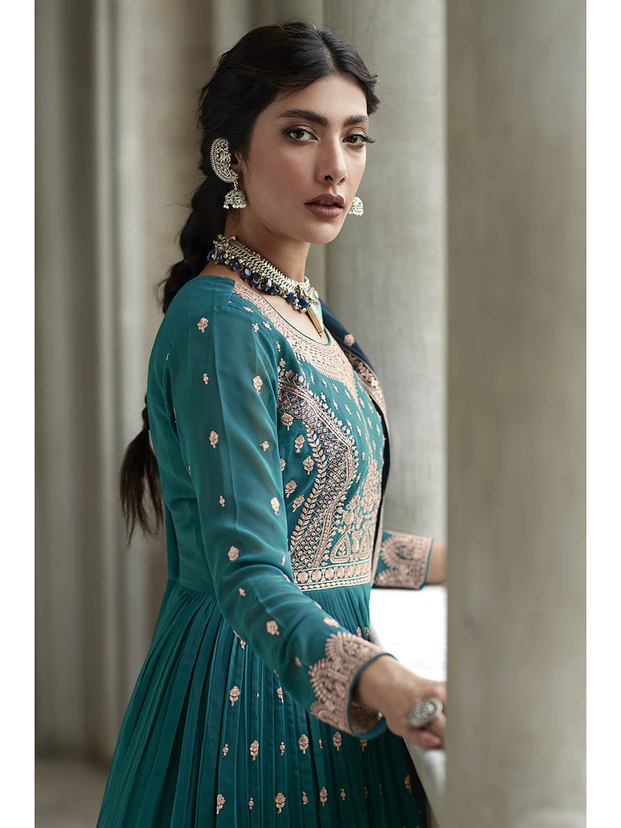 Myra Navy and Firozi Georgette Skirt Style Embroidered Suit