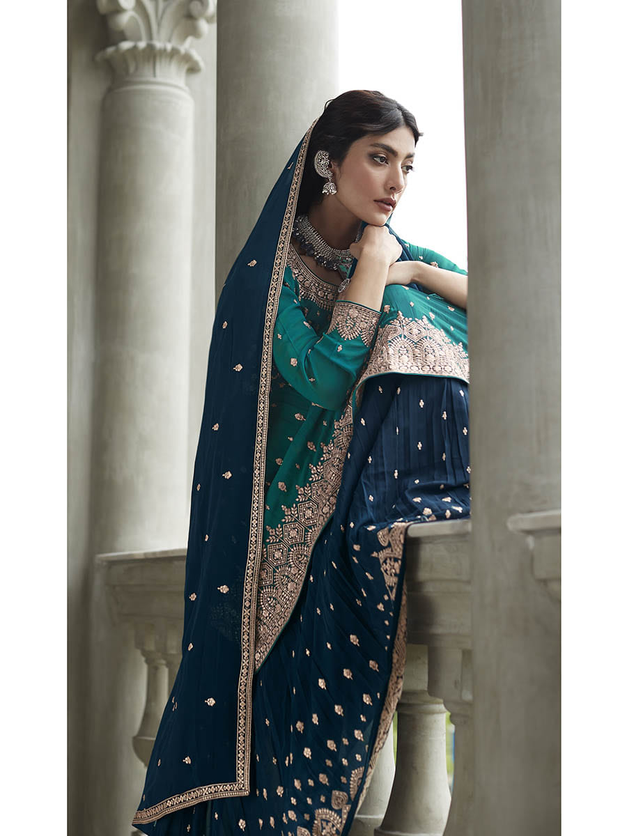 Myra Navy and Firozi Georgette Skirt Style Embroidered Suit