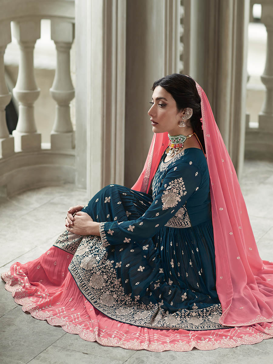 Myra Navy and Pink Georgette Skirt Style Embroidered Suit