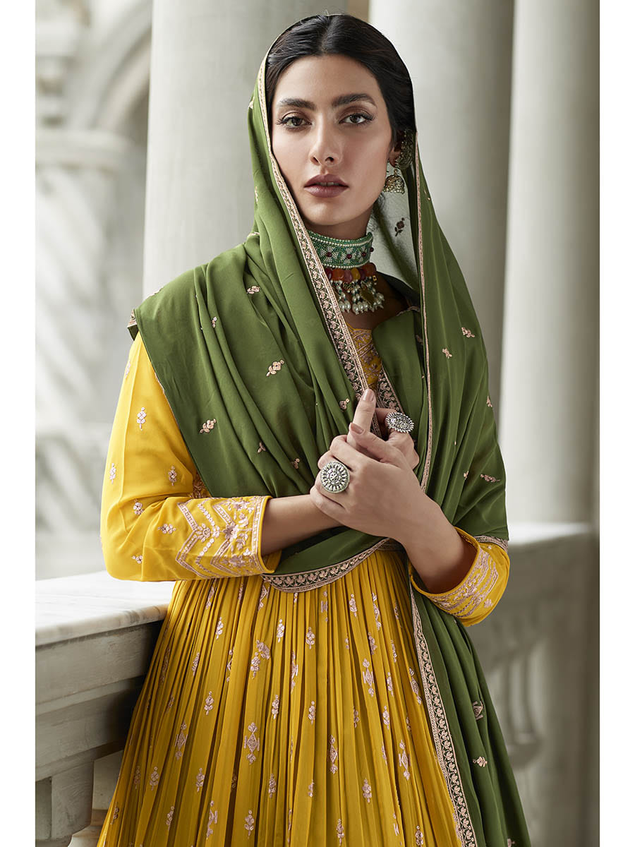 Myra Mehendi and Mustard Yellow Georgette Skirt Style Embroidered Suit