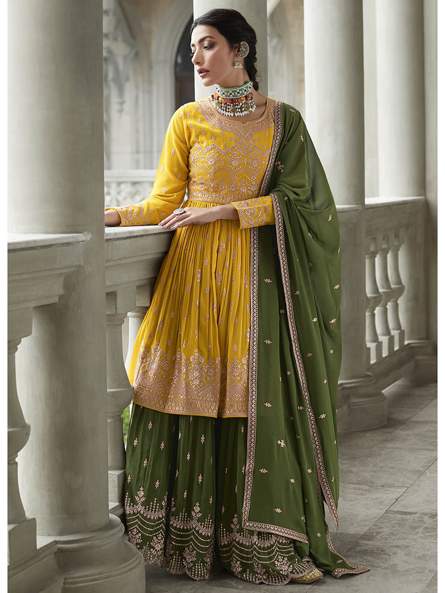 Myra Mehendi and Mustard Yellow Georgette Skirt Style Embroidered Suit