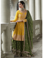 Myra Mehendi and Mustard Yellow Georgette Skirt Style Embroidered Suit