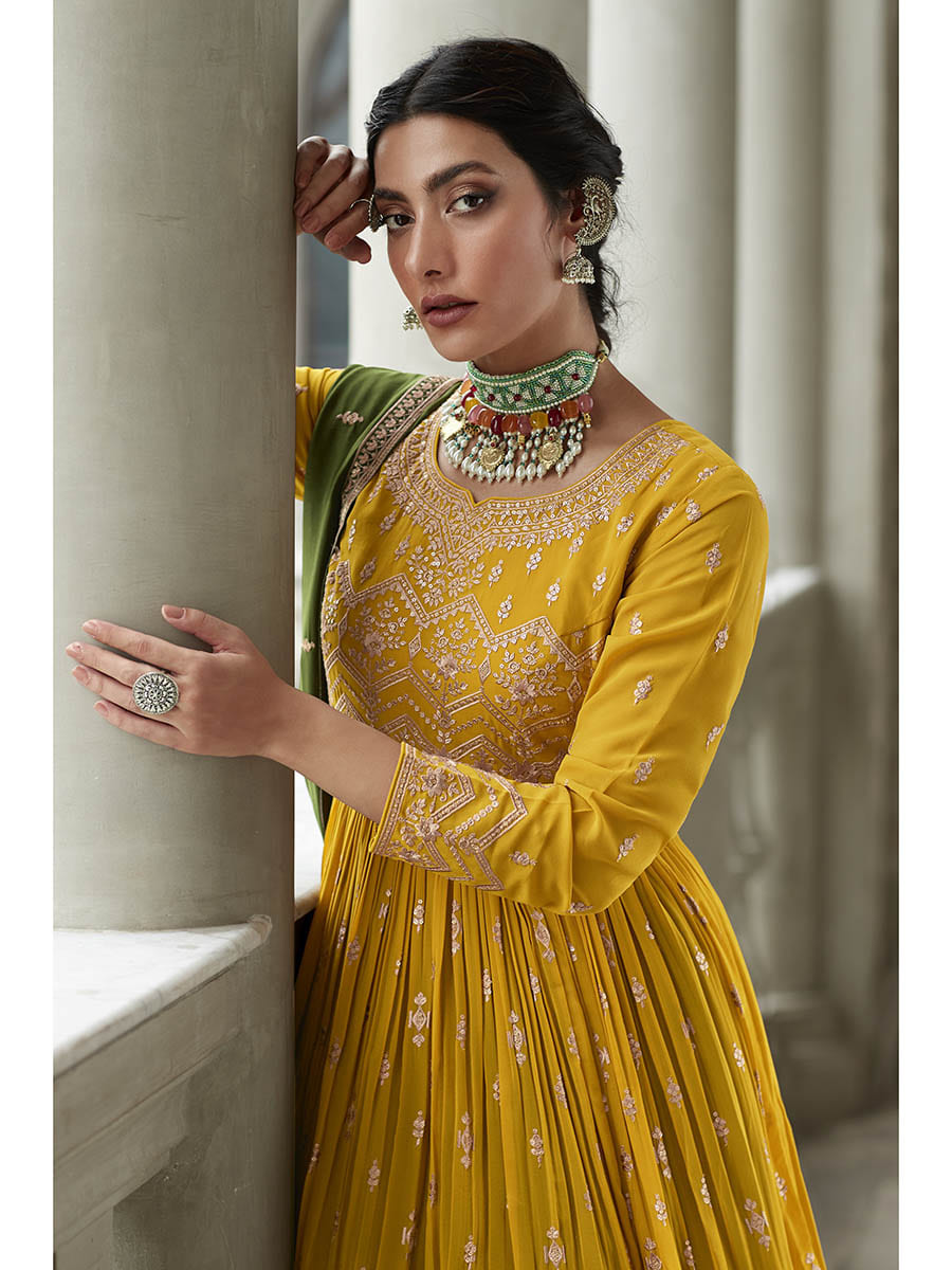 Myra Mehendi and Mustard Yellow Georgette Skirt Style Embroidered Suit