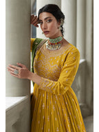 Myra Mehendi and Mustard Yellow Georgette Skirt Style Embroidered Suit