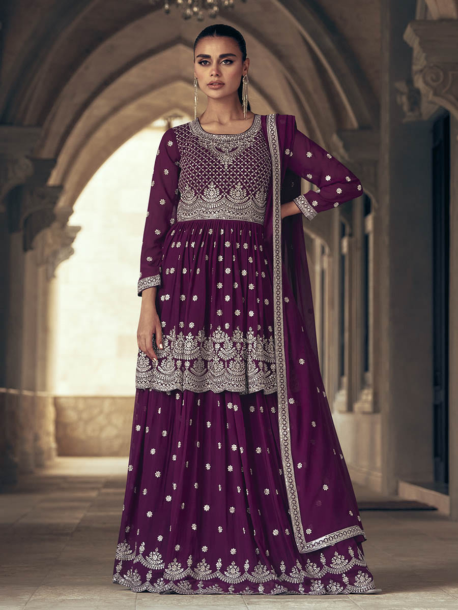 Myra Purple Real Georgette Gharara Style Embroidered Suit