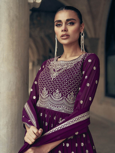 Myra Purple Real Georgette Gharara Style Embroidered Suit