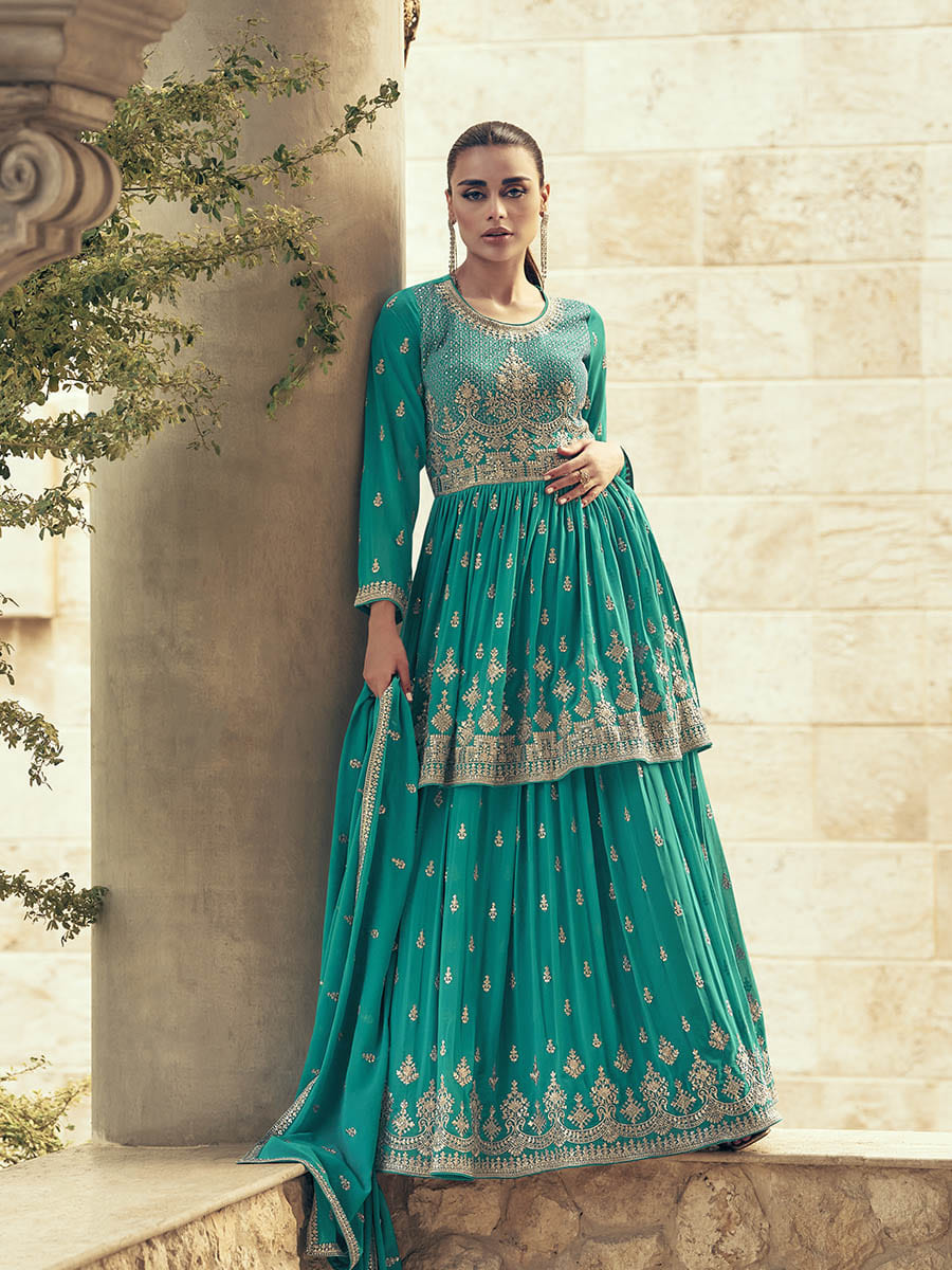 Myra Sea Green Real Georgette Gharara Style Embroidered Suit