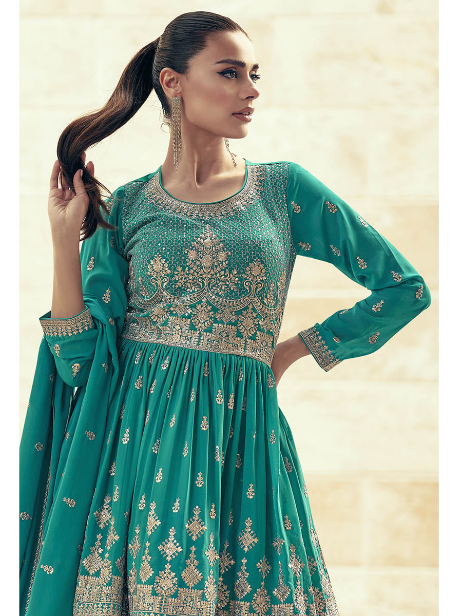 Myra Sea Green Real Georgette Gharara Style Embroidered Suit