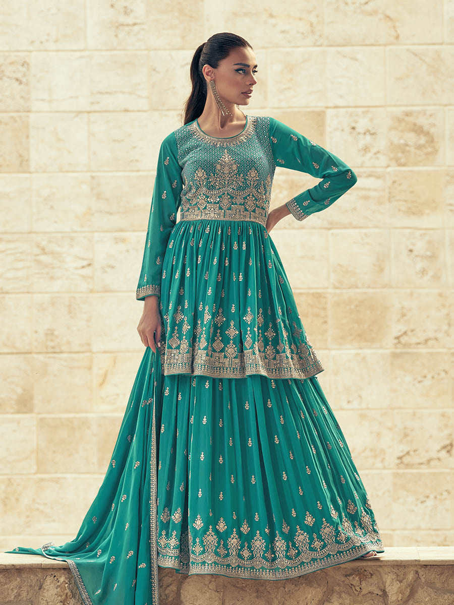 Myra Sea Green Real Georgette Gharara Style Embroidered Suit