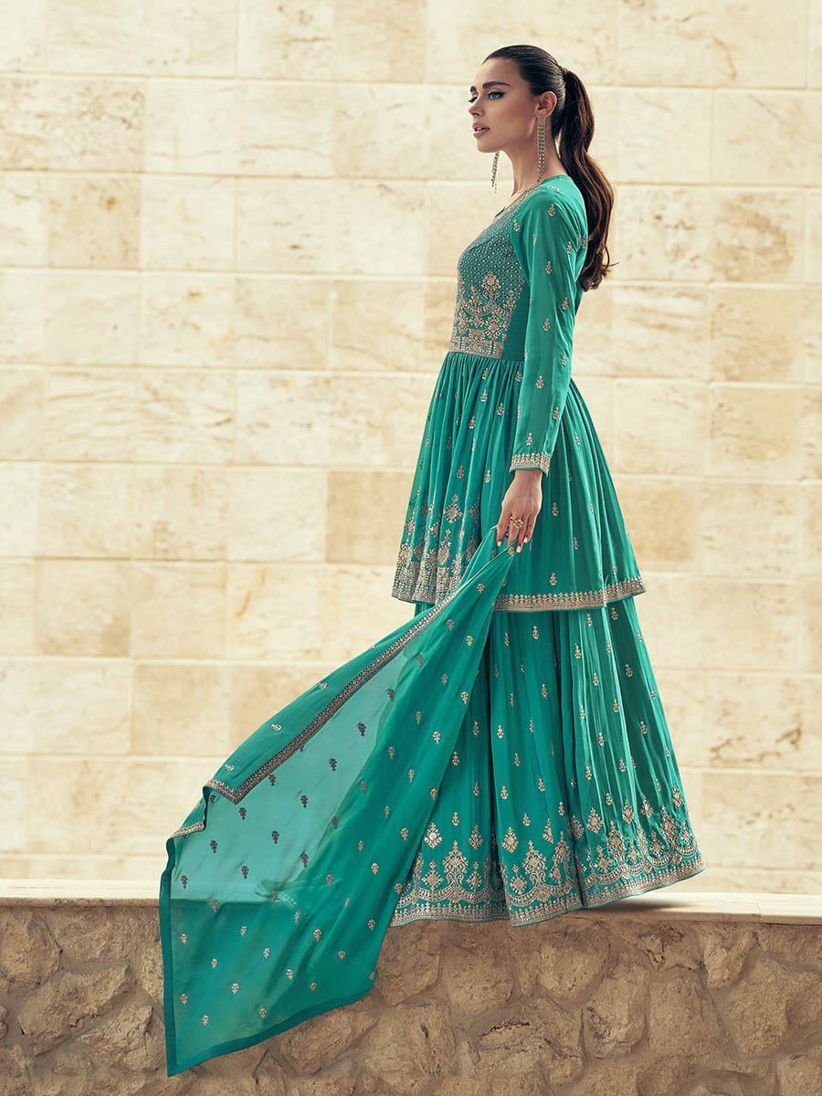 Myra Sea Green Real Georgette Gharara Style Embroidered Suit