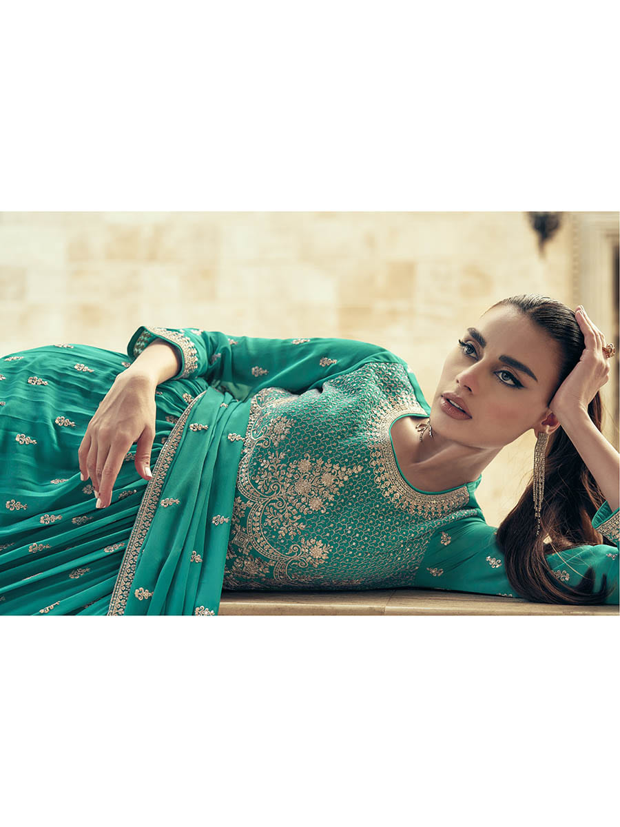Myra Sea Green Real Georgette Gharara Style Embroidered Suit