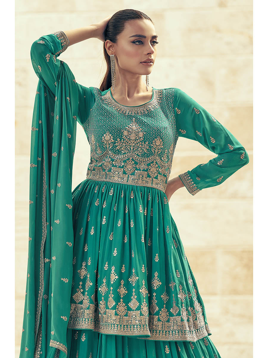 Myra Sea Green Real Georgette Gharara Style Embroidered Suit