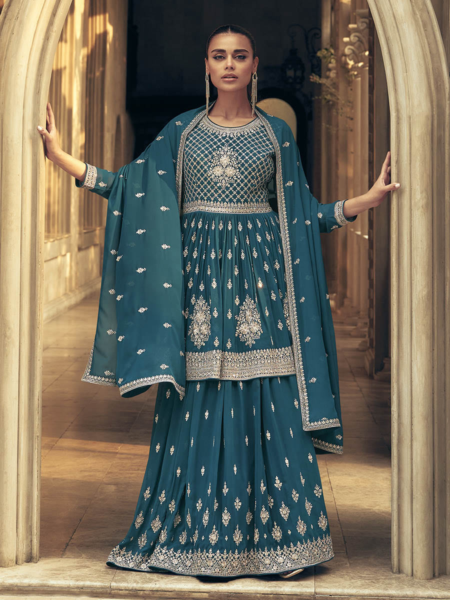 Myra Firozi Real Georgette Gharara Style Embroidered Suit