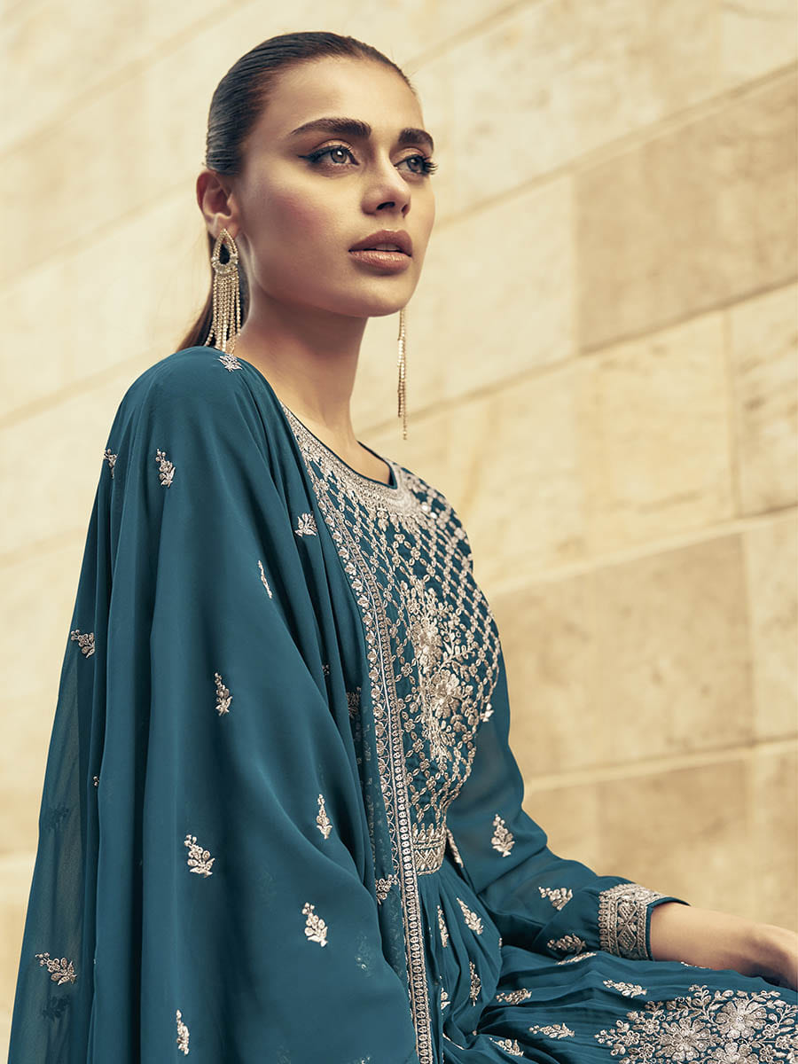 Myra Firozi Real Georgette Gharara Style Embroidered Suit