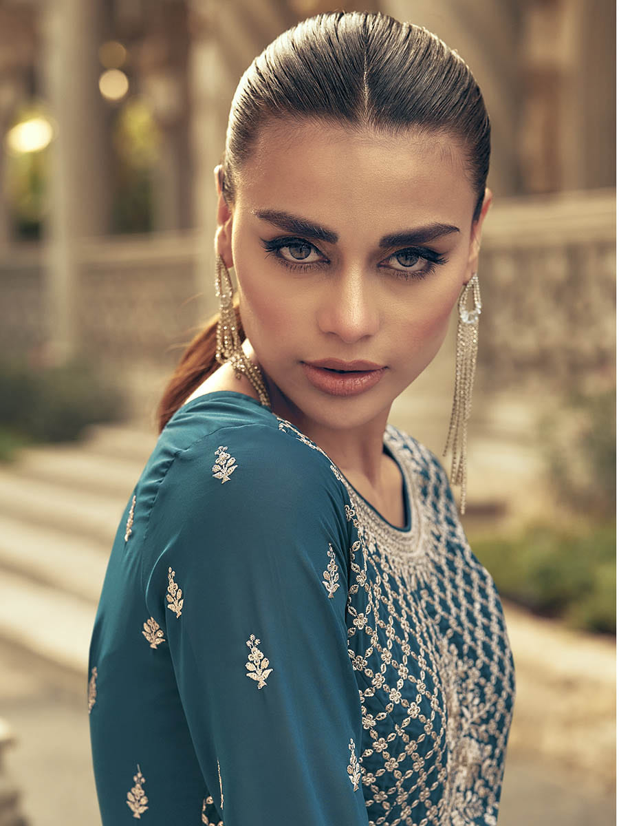 Myra Firozi Real Georgette Gharara Style Embroidered Suit