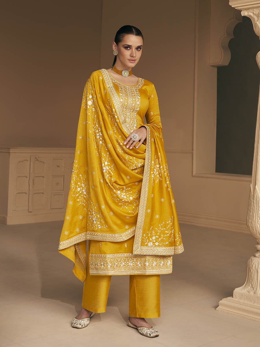 Myra Mustard Yellow Premium Silk Embroidered Pant Style Suit