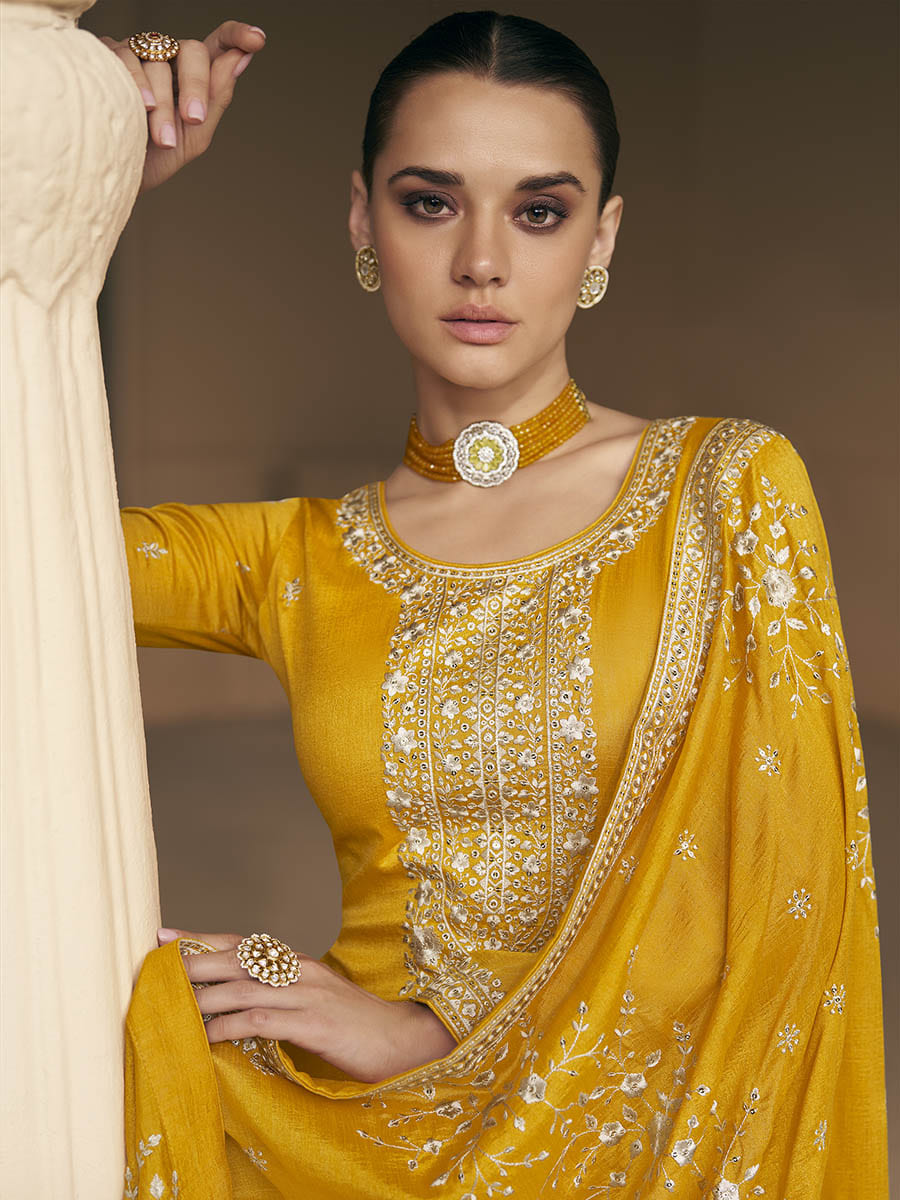 Myra Mustard Yellow Premium Silk Embroidered Pant Style Suit