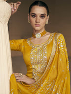 Myra Mustard Yellow Premium Silk Embroidered Pant Style Suit