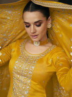 Myra Mustard Yellow Premium Silk Embroidered Pant Style Suit