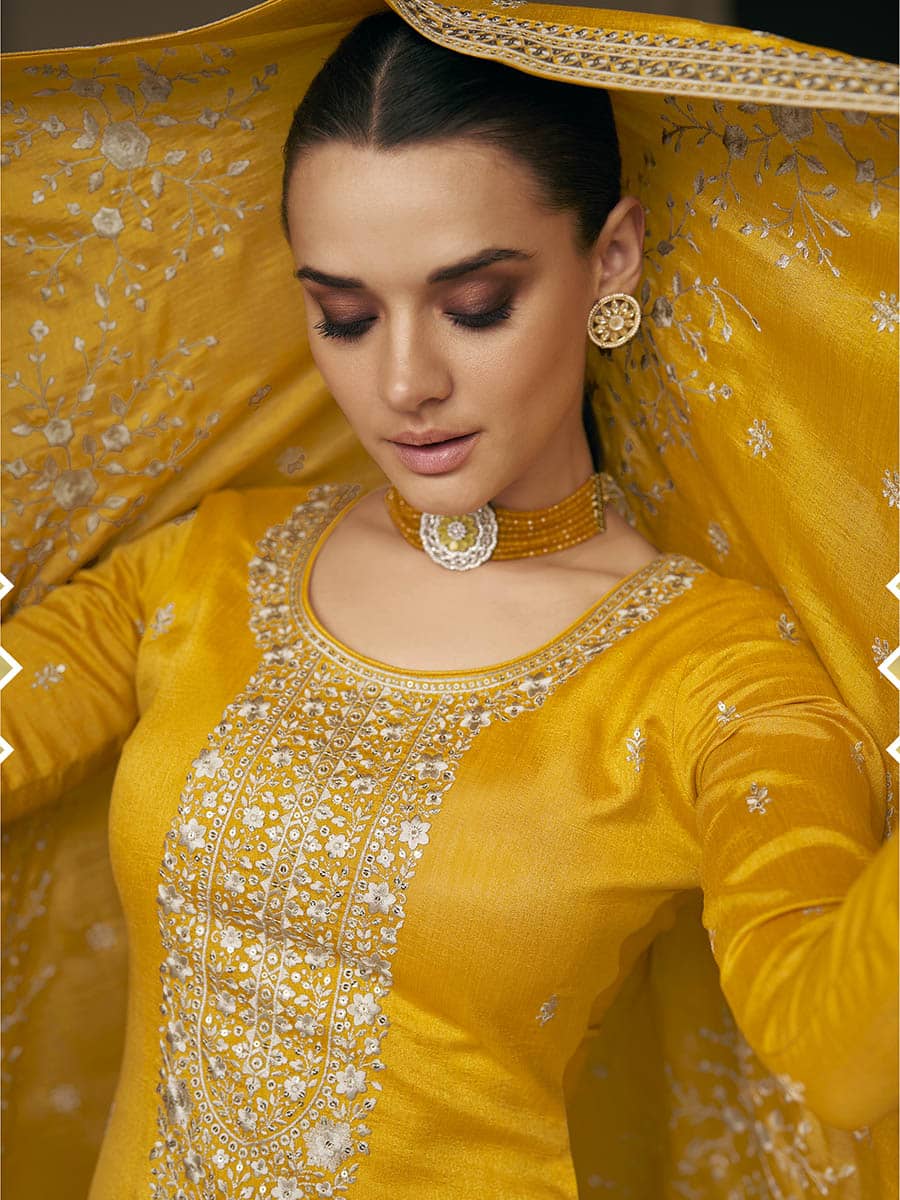 Myra Mustard Yellow Premium Silk Embroidered Pant Style Suit