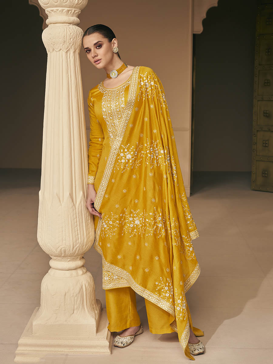 Myra Mustard Yellow Premium Silk Embroidered Pant Style Suit