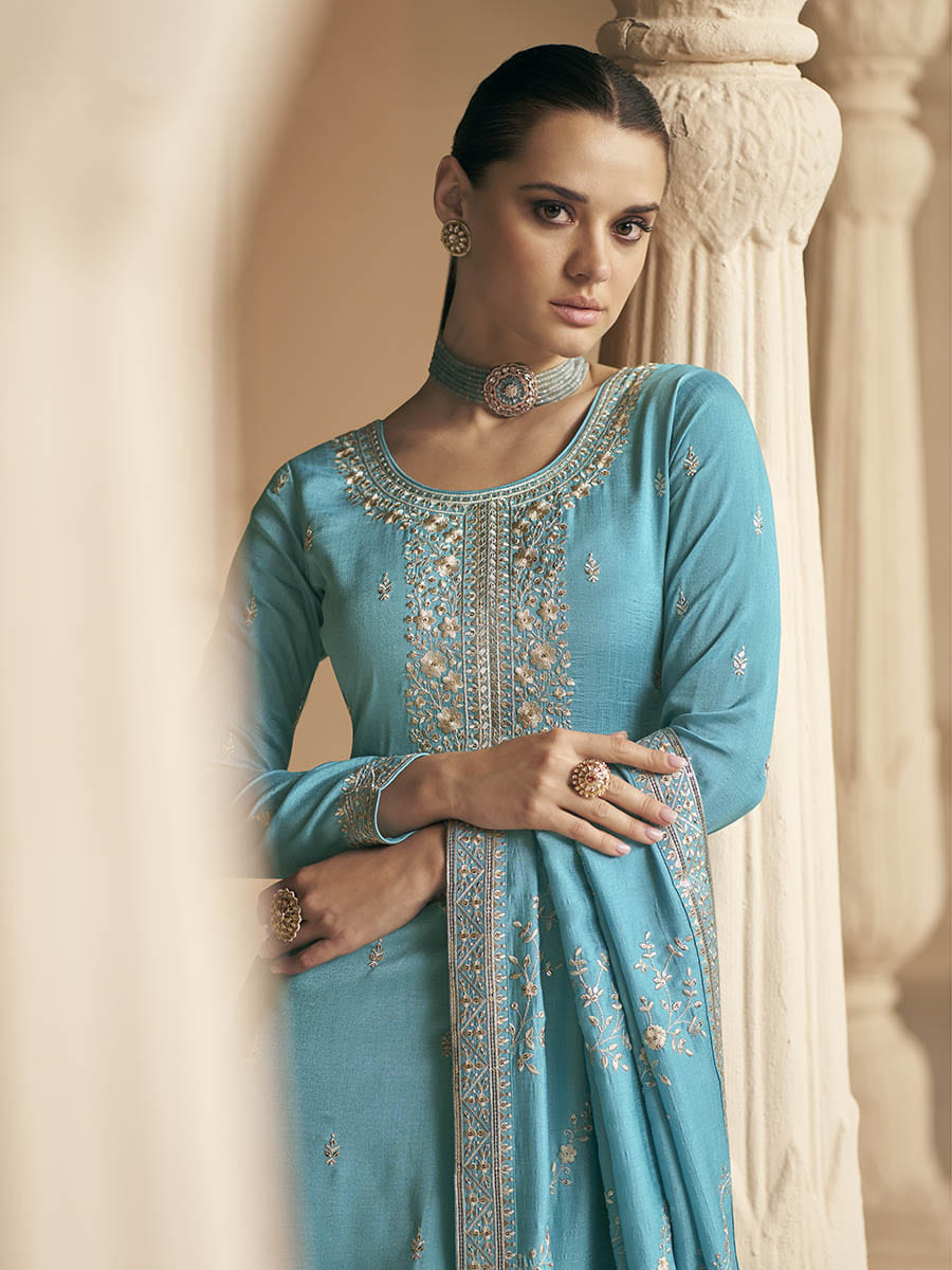 Myra Sky Blue Premium Silk Embroidered Pant Style Suit