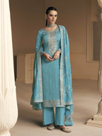 Myra Sky Blue Premium Silk Embroidered Pant Style Suit
