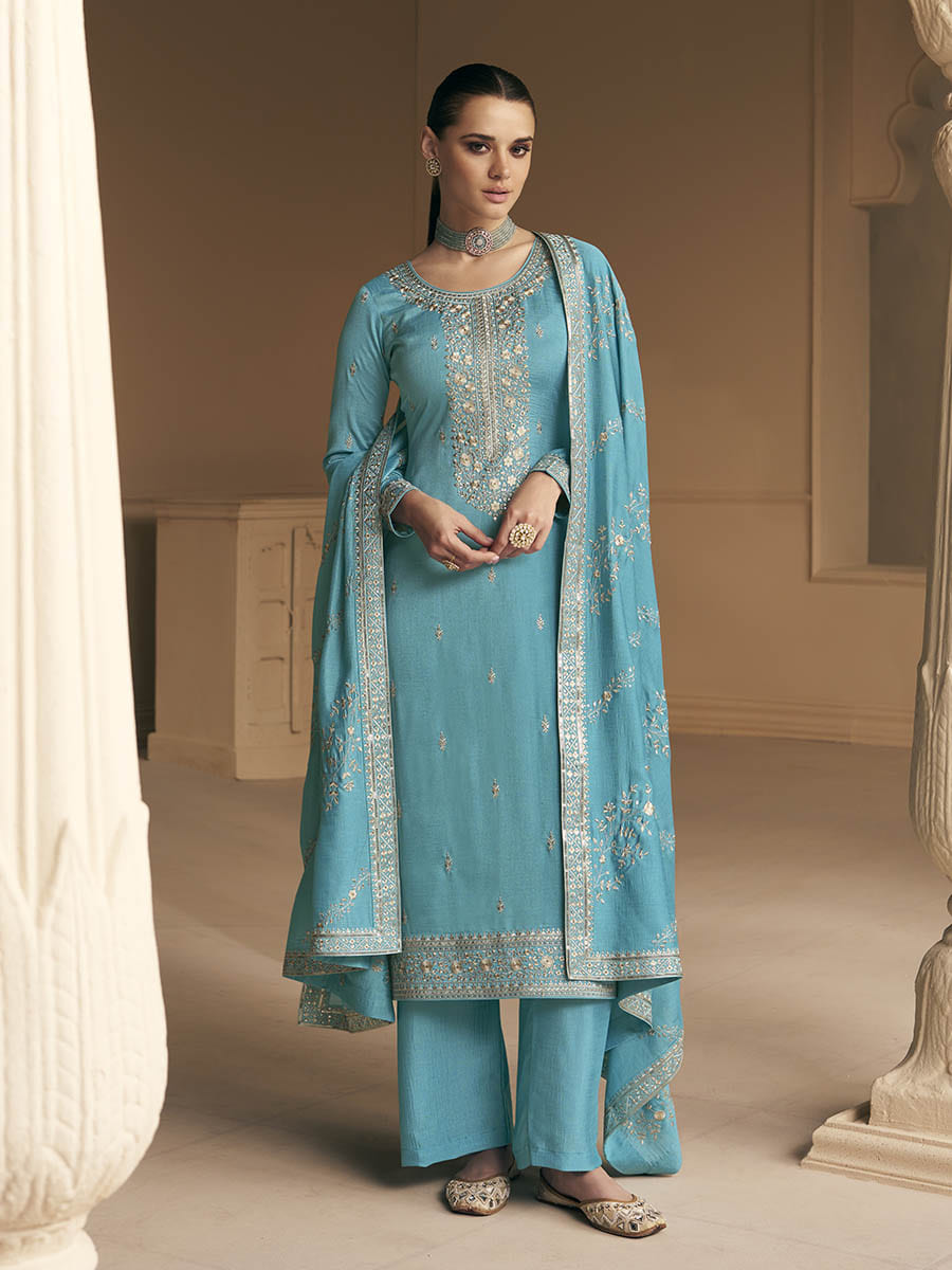 Myra Sky Blue Premium Silk Embroidered Pant Style Suit