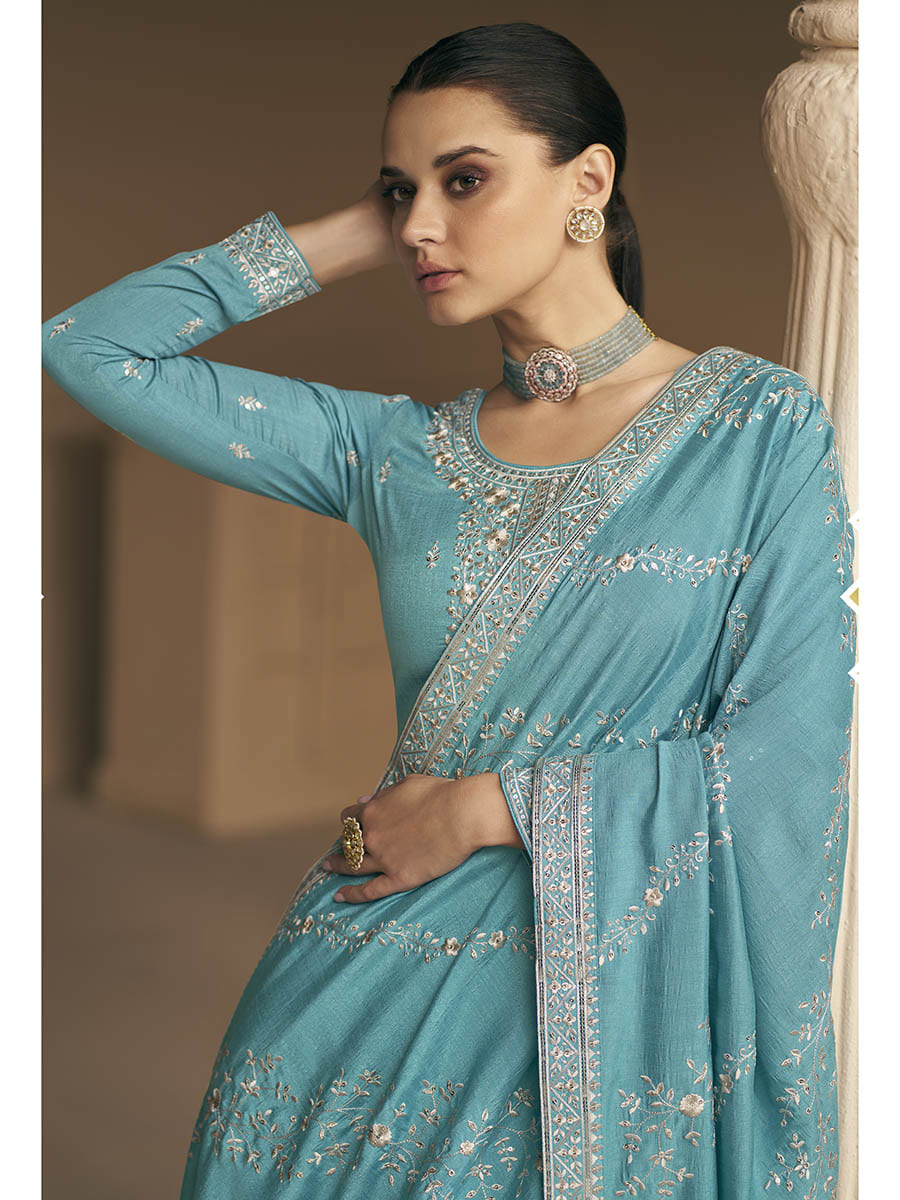 Myra Sky Blue Premium Silk Embroidered Pant Style Suit