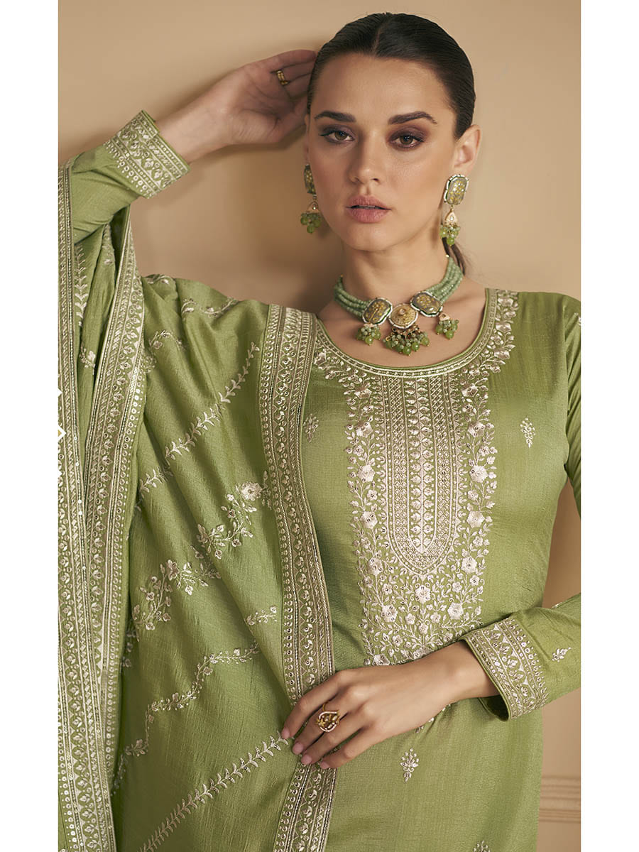 Myra Pista Green Premium Silk Embroidered Pant Style Suit