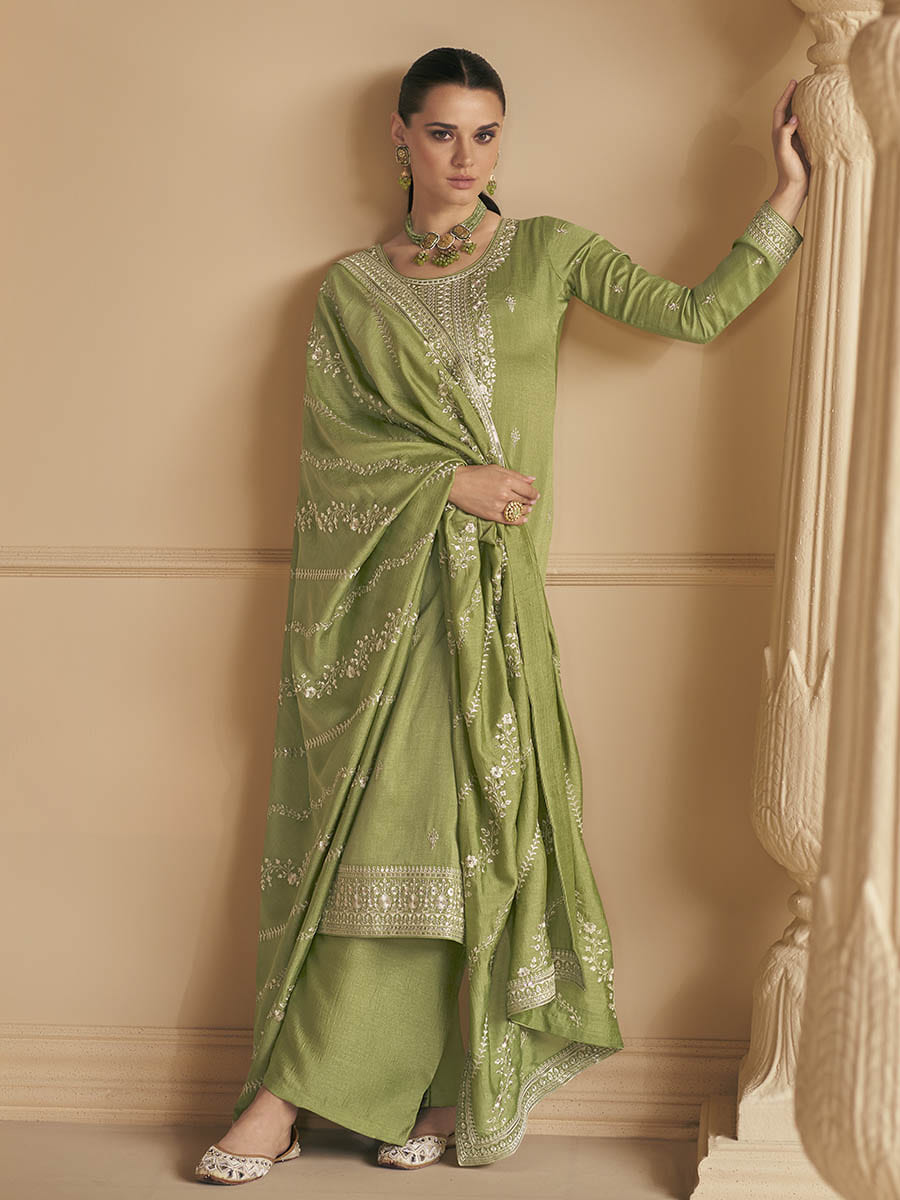 Myra Pista Green Premium Silk Embroidered Pant Style Suit