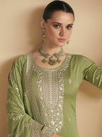 Myra Pista Green Premium Silk Embroidered Pant Style Suit