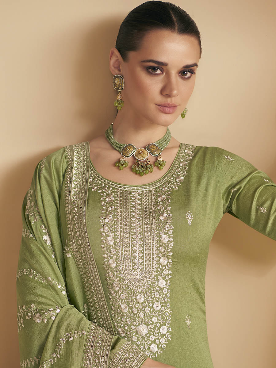 Myra Pista Green Premium Silk Embroidered Pant Style Suit