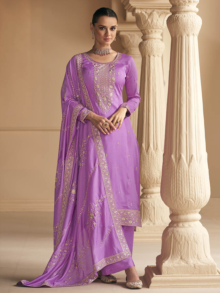 Myra Purple Premium Silk Embroidered Pant Style Suit