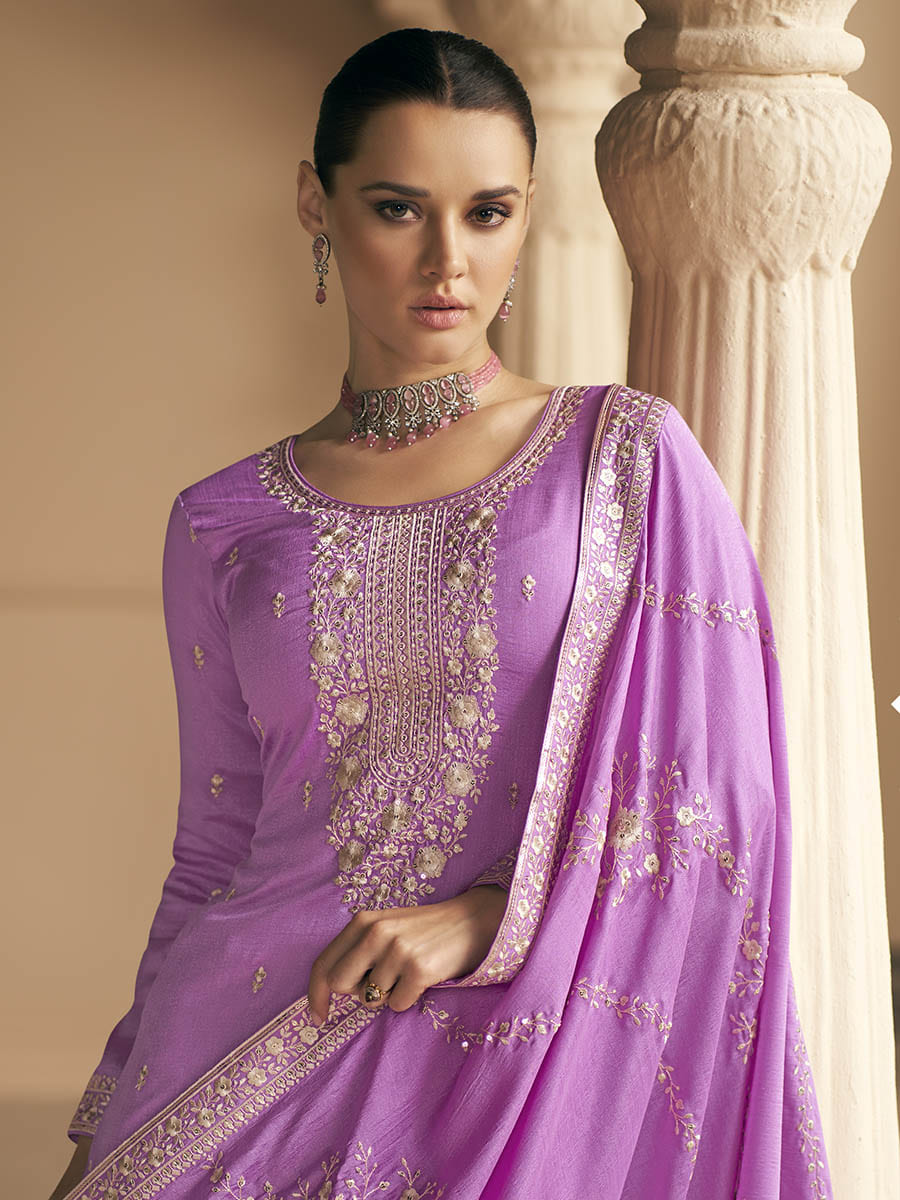 Myra Purple Premium Silk Embroidered Pant Style Suit