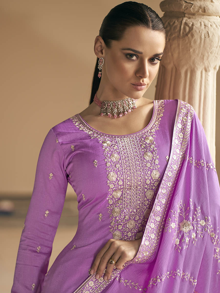 Myra Purple Premium Silk Embroidered Pant Style Suit