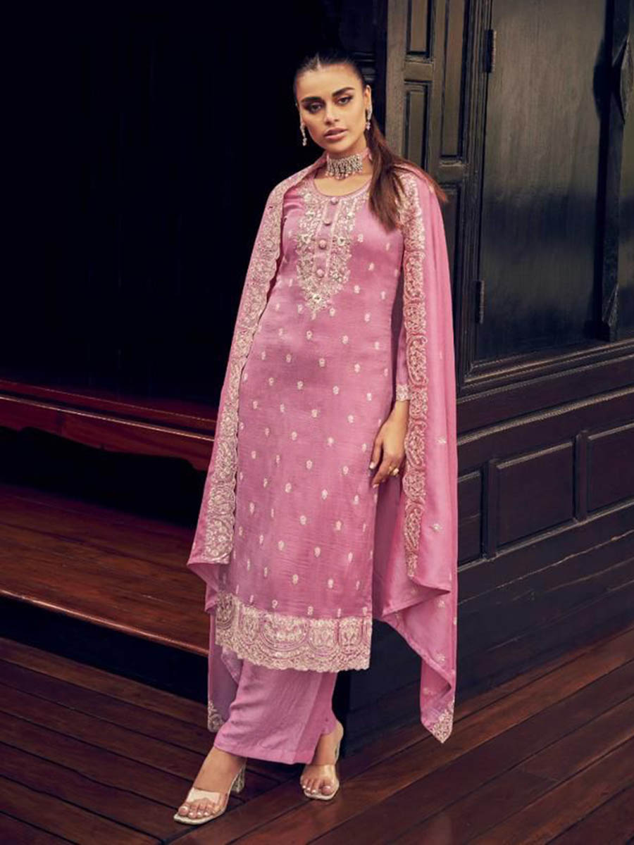 Myra Dusty Pink Premium Silk Embroidered Suit