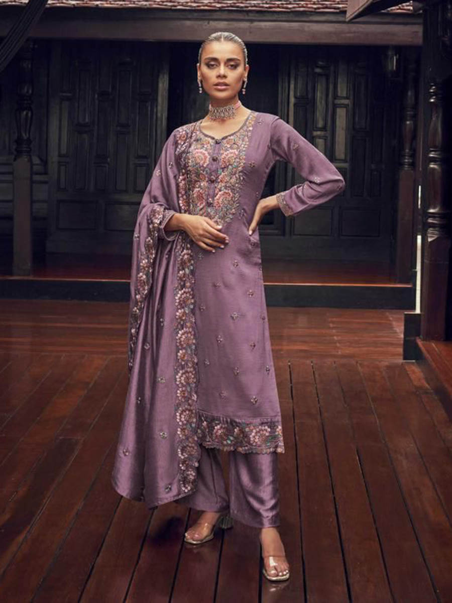 Myra Dusty Lilac Premium Silk Embroidered Suit