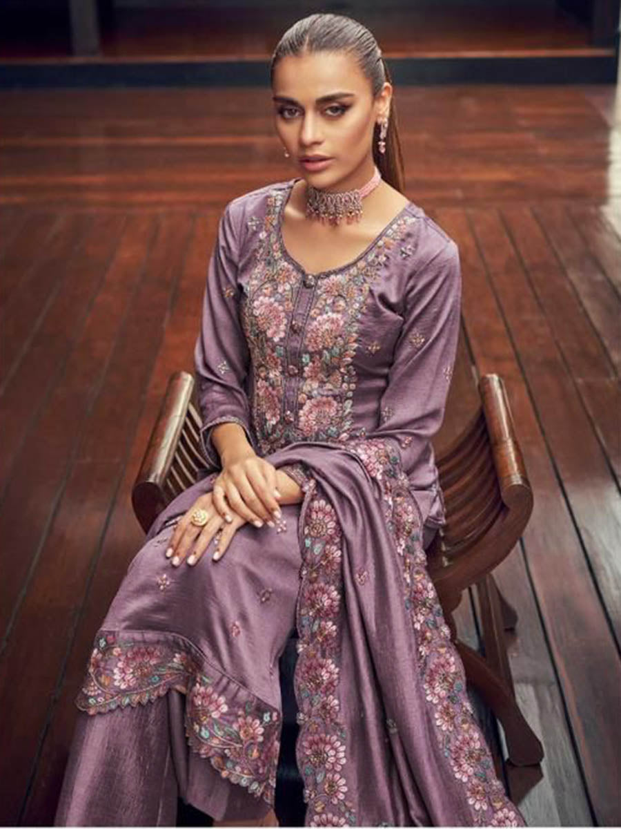 Myra Dusty Lilac Premium Silk Embroidered Suit