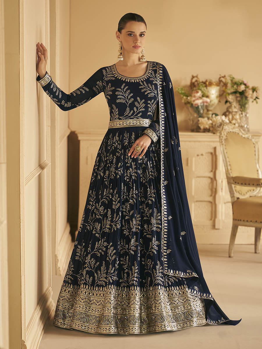 Myra Navy Blue Georgette Embroidered Designer Suit