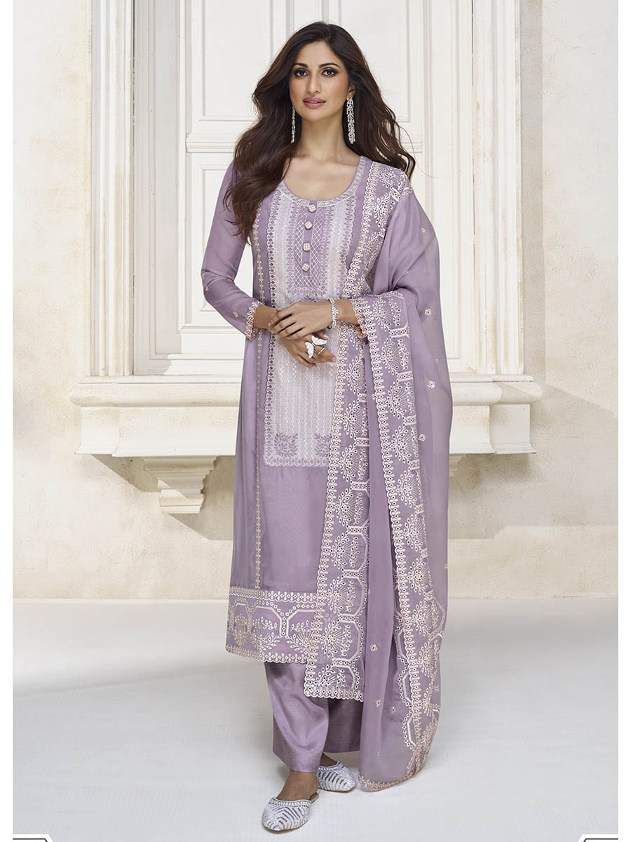 Myra Pastel Purple Organza Silk Embroidered Pant Style Suit