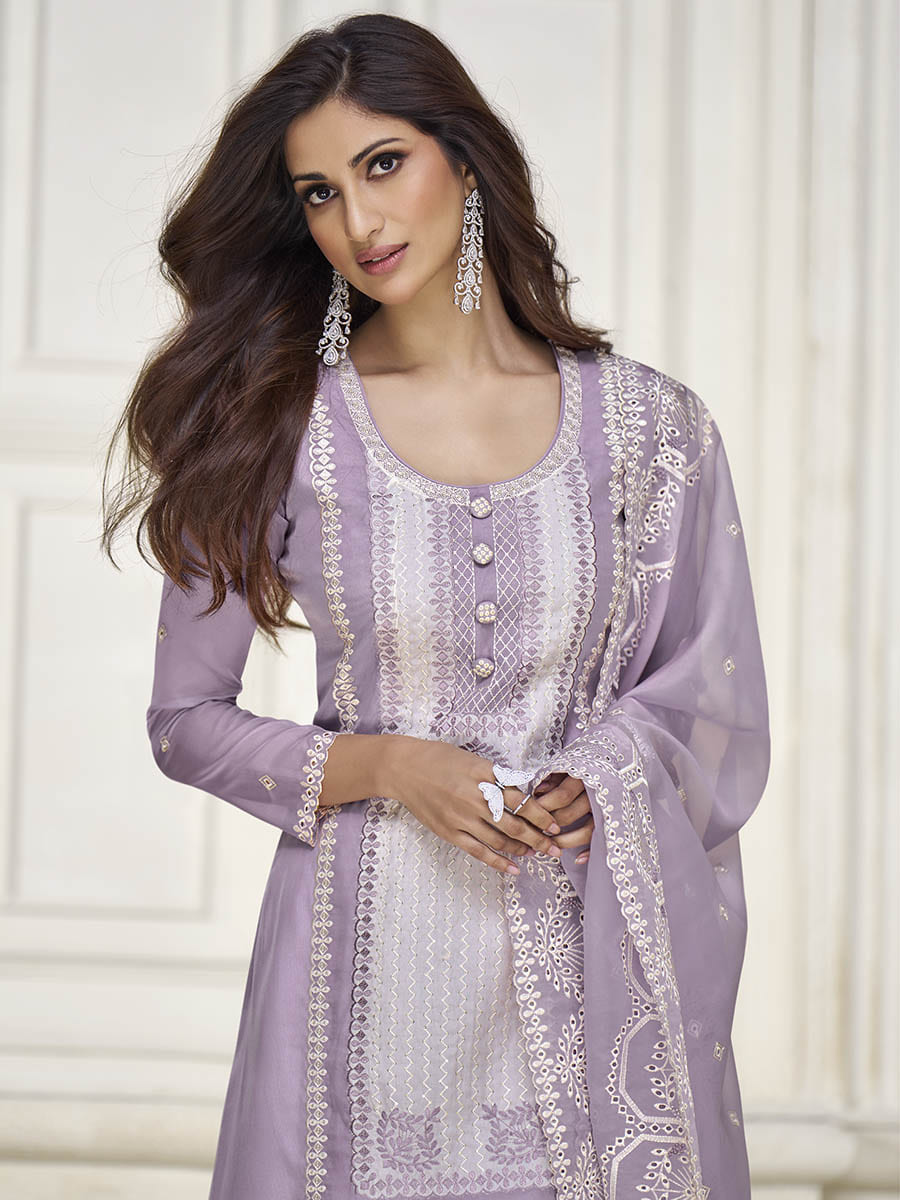 Myra Pastel Purple Organza Silk Embroidered Pant Style Suit