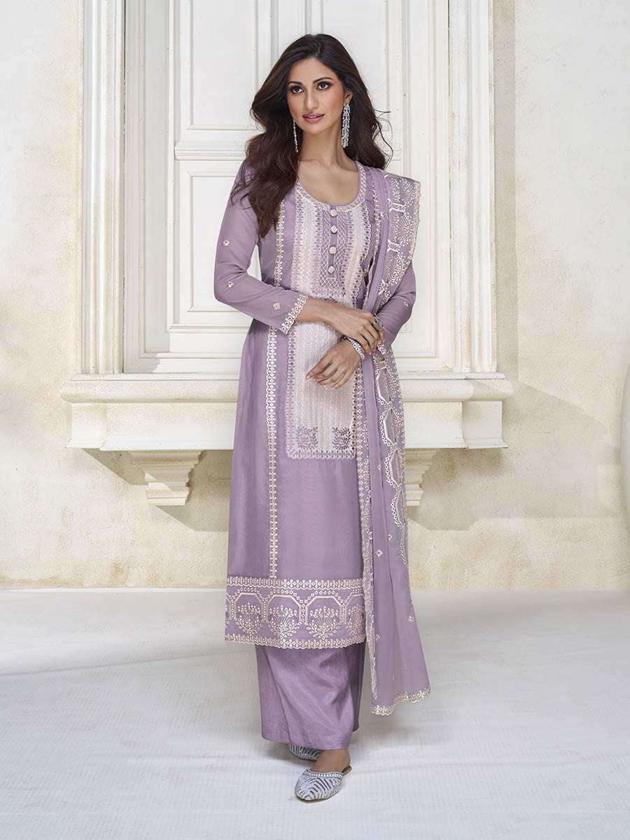 Myra Pastel Purple Organza Silk Embroidered Pant Style Suit